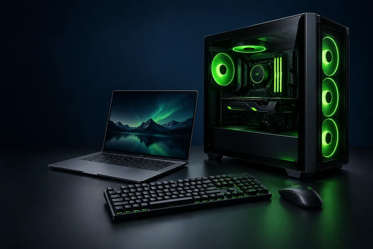 Composição ilustrativa de notebook, computador gamer e periféricos